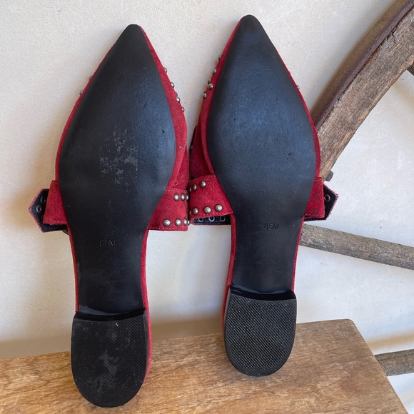 JEFFERY CAMPBELL FREE PEOPLE Shoes Red Studded Fringed Suede Buckle Flats 8.5M - Picture 8 of 12